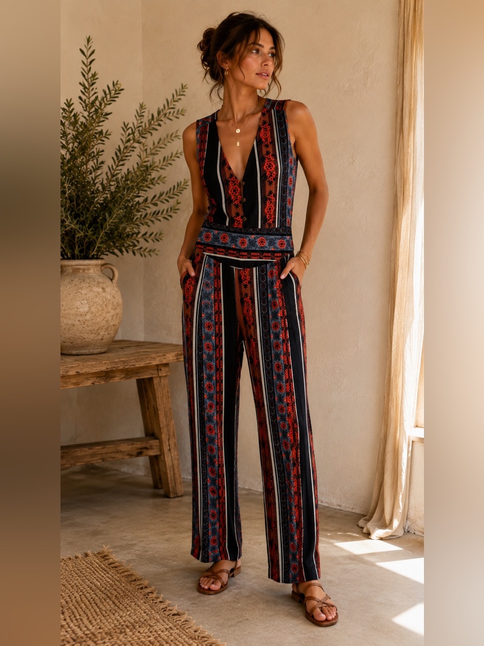 Free People Printed Straight Leg Jumpsuit Size 4